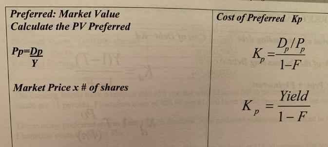 Preferred: Market Value Calculate the PV Preferred Pp=Dp Y Market Price x # of shares Cost of Preferred Kp