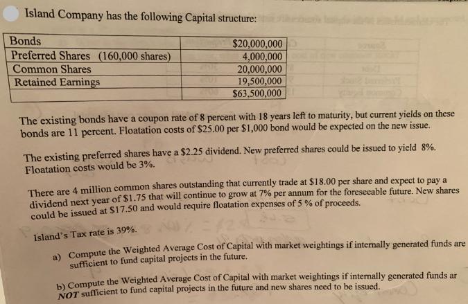 Island Company has the following Capital structure: Bonds Preferred Shares (160,000 shares) Common Shares