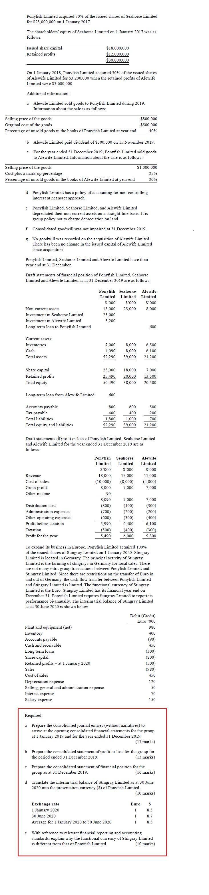 Ponyfish Limited acquired 70% of the issued shares of Seahorse Limited for $23,000,000 on 1 January 2017. The