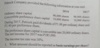 Petrock Company provided the following information at year-end 2016 Ordinary share capital 90,000 shares