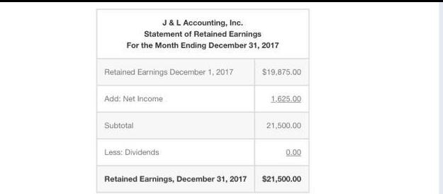 J & L Accounting, Inc. Statement of Retained Earnings For the Month Ending December 31, 2017 Retained