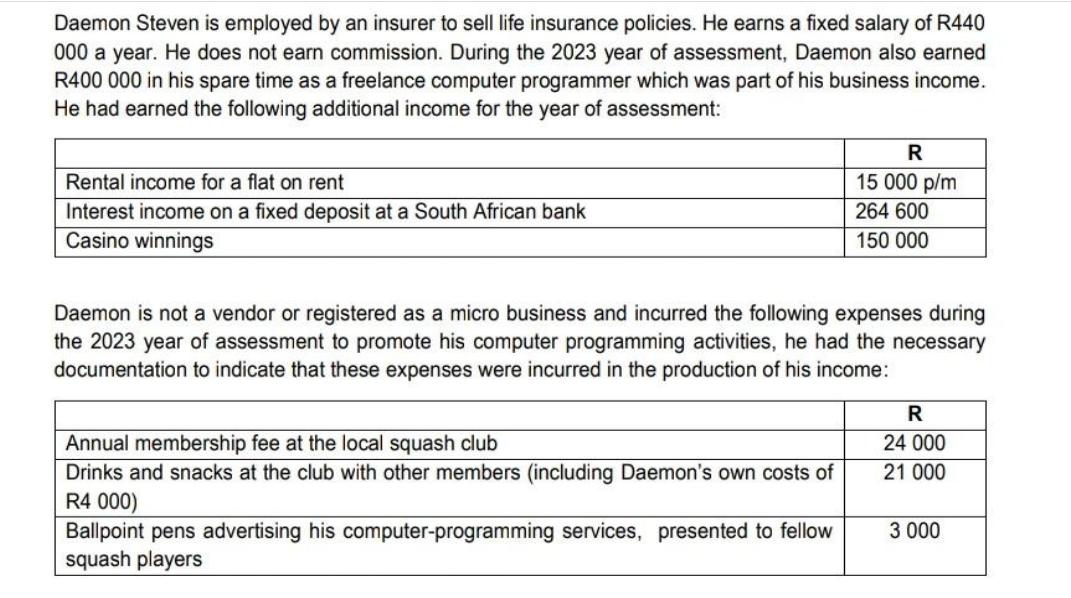 Daemon Steven is employed by an insurer to sell life insurance policies. He earns a fixed salary of R440 000
