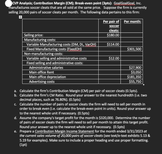 CVP Analysis; Contribution Margin (CM); Break-even point (3pts): GoalGoalGoal, Inc. manufactures soccer