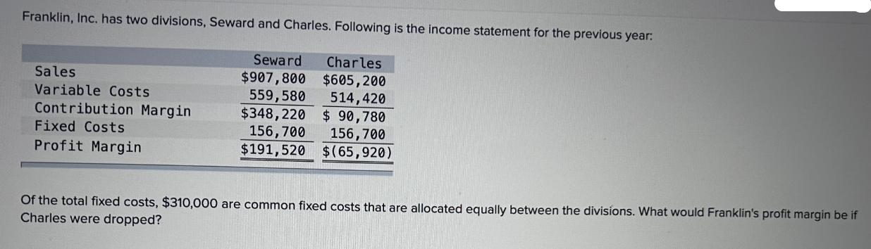 Franklin, Inc. has two divisions, Seward and Charles. Following is the income statement for the previous