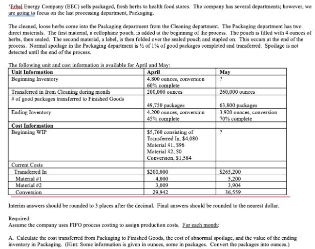 "Exhal Energy Company (EEC) sells packaged, fresh herbs to health food stores. The company has several