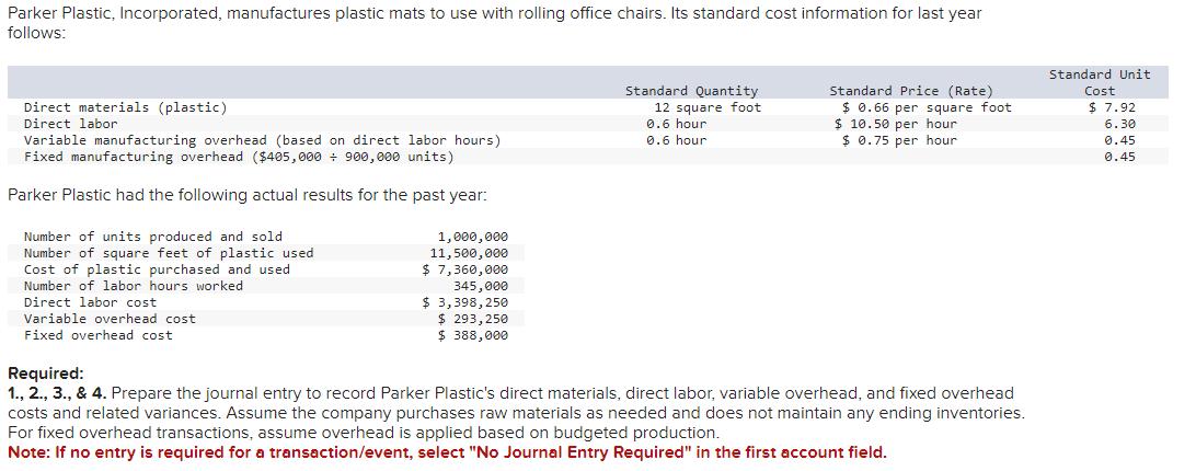 Parker Plastic, Incorporated, manufactures plastic mats to use with rolling office chairs. Its standard cost