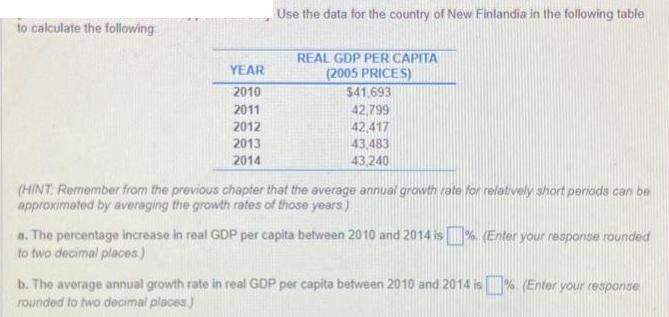 to calculate the following YEAR 2010 2011 2012 2013 2014 Use the data for the country of New Finlandia in the