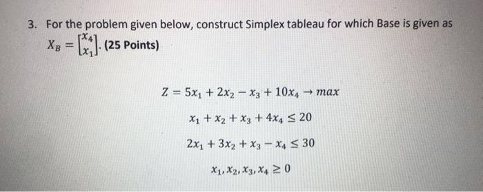 3. For the problem given below, construct Simplex tableau for which Base