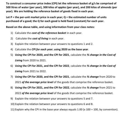 To construct a consumer price index (CPI) let the reference basket of g/s be comprised of 500 litres of water