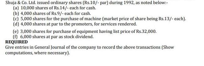 Shuja & Co. Ltd. issued ordinary shares (Rs.10/- par) during 1992, as noted below:- (a) 10,000 shares of