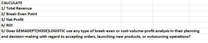 CALCULATE 1/ Total Revenue 2/ Break-Even Point 3/ Net Profit 4/ ROI 5/ Does GEMADEPT(HOSE)LOGISTIC use any