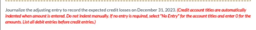 Journalize the adjusting entry to record the expected credit losses on December 31, 2023. (Credit account