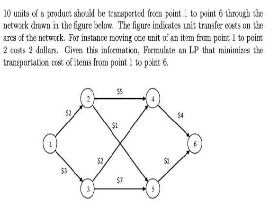 10 units of a product should be transported from point 1 to point 6 through the network drawn in the figure