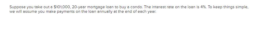 Suppose you take out a $101,000, 20-year mortgage loan to buy a condo. The interest rate on the loan is 4%.