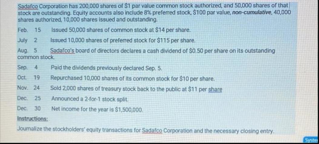 Sadafco Corporation has 200,000 shares of $1 par value common stock authorized, and 50,000 shares of that