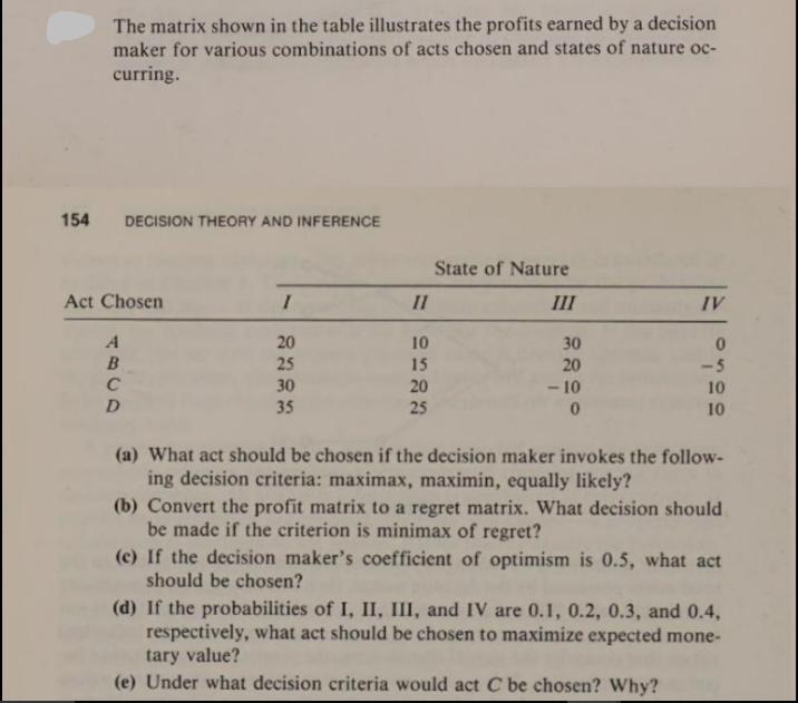 154 The matrix shown in the table illustrates the profits earned by a decision maker for various combinations