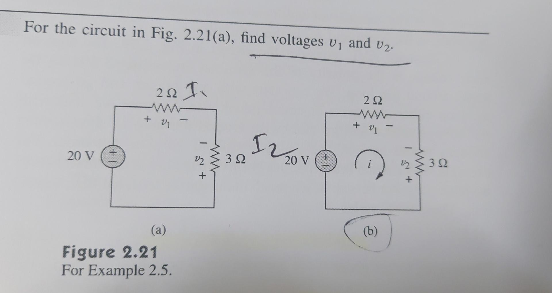 For the circuit in Fig. 2.21(a), find voltages U and v. 20 V + 222 1.  21 (a) Figure 2.21 For Example 2.5. 22