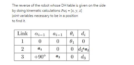 The reverse of the robot whose DH table is given on the side by doing kinematic calculations Pu = [x, y, z]