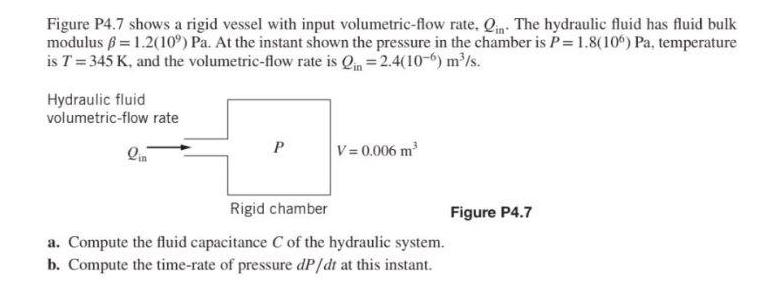 Figure P4.7 shows a rigid vessel with input volumetric-flow rate. Qin. The hydraulic fluid has fluid bulk