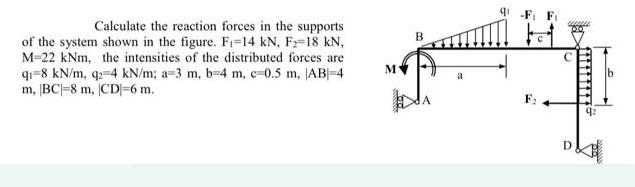 Calculate the reaction forces in the supports of the system shown in the figure. F-14 kN, F-18 kN, M-22 kNm,
