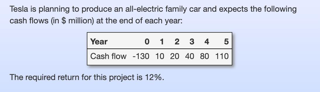 Tesla is planning to produce an all-electric family car and expects the following cash flows (in $ million)
