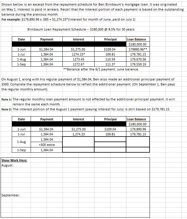 Shown below is an excerpt from the repayment schedule for Ben Birnbaum's mortgage loan. It was originated on