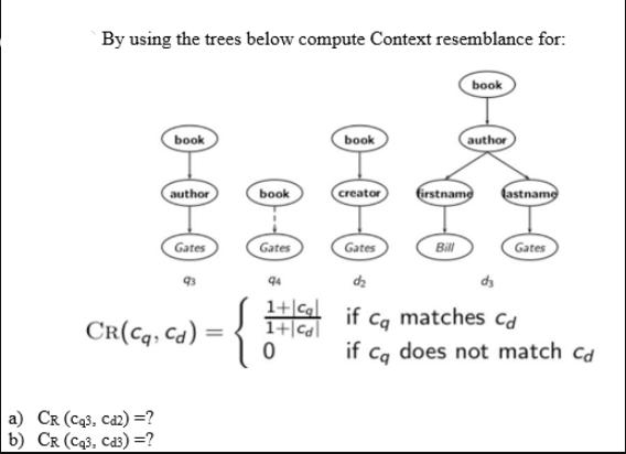 By using the trees below compute Context resemblance for: book a) CR (Cq3, Cd2) =? b) CR (Cq3, Cd3) =? author