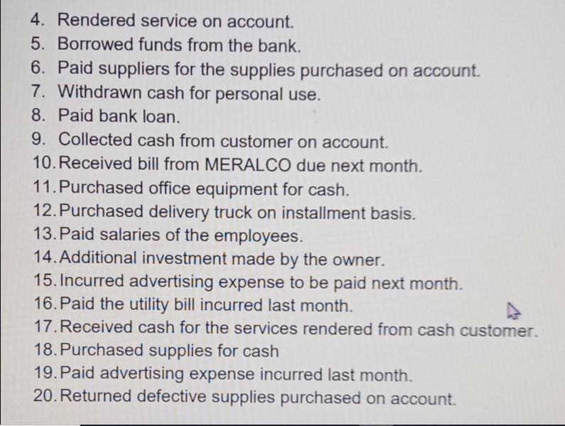 4. Rendered service on account. 5. Borrowed funds from the bank. 6. Paid suppliers for the supplies purchased