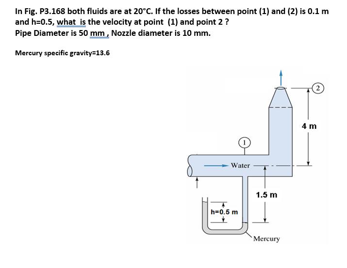 In Fig. P3.168 both fluids are at 20C. If the losses between point (1) and (2) is 0.1 m and h=0.5, what is