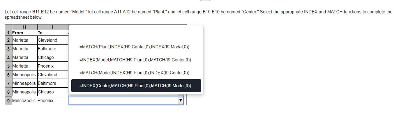 Let cell range B11:E12 be named "Model," let cell range A11:A12 be named "Plant," and let cell range B10: E10