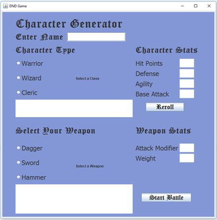 OND Game Character Generator Enter Name Character Type  Warrior  Wizard Cleric Select Your Weapon Dagger 
