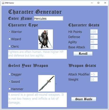DND Game Character Generator Enter Name Hercules Character Type  Warrior  Wizard  Cleric Fighters are often