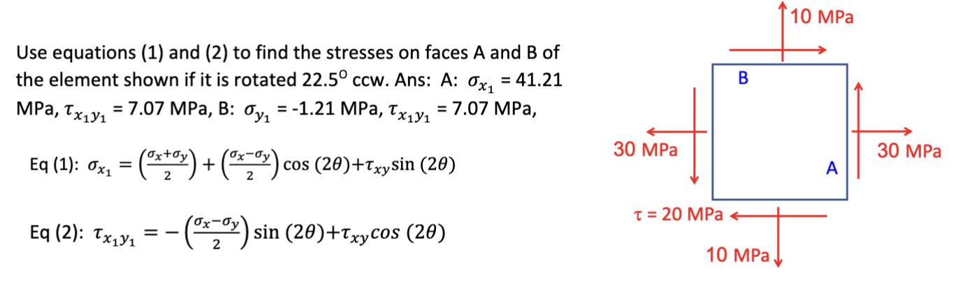 Use equations (1) and (2) to find the stresses on faces A and B of the element shown if it is rotated 22.5