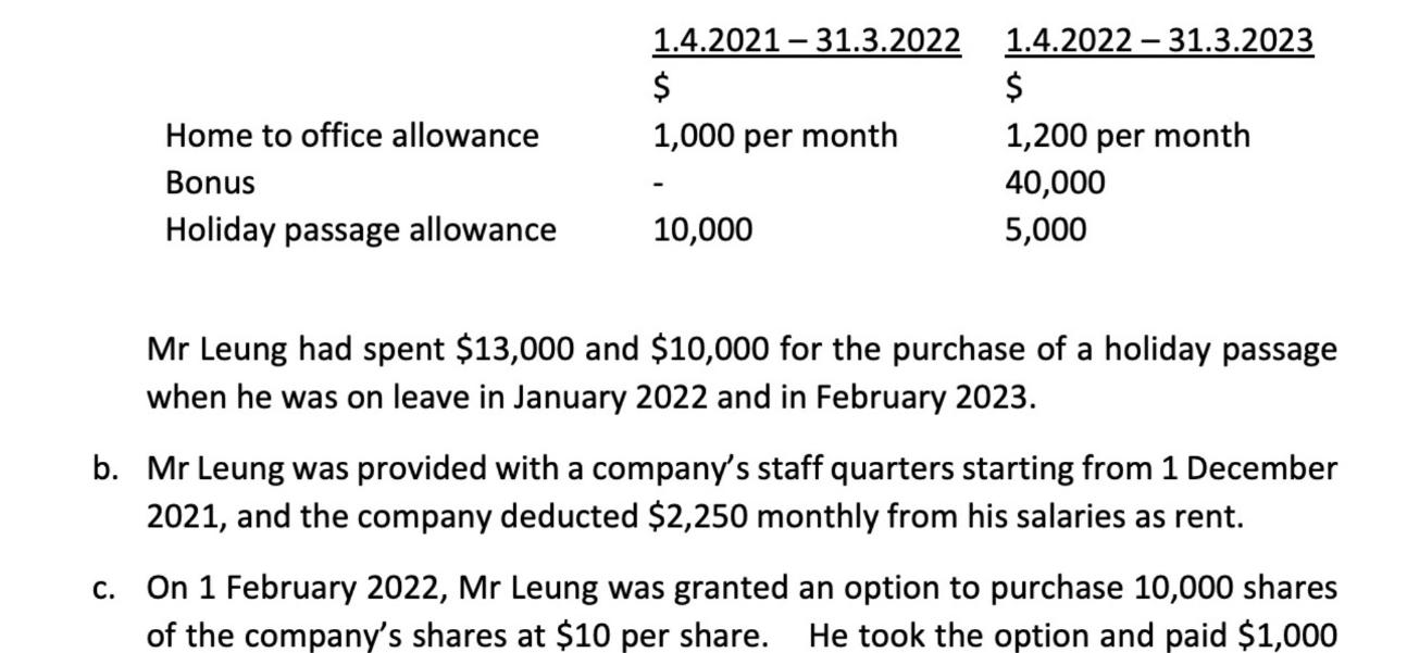 Home to office allowance Bonus Holiday passage allowance 1.4.2021-31.3.2022 1.4.2022-31.3.2023 $ 1,000 per