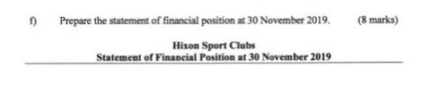 f) Prepare the statement of financial position at 30 November 2019. Hixon Sport Clubs Statement of Financial