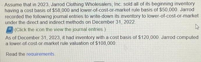 Assume that in 2023, Jarrod Clothing Wholesalers, Inc. sold all of its beginning inventory having a cost