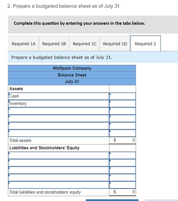 2. Prepare a budgeted balance sheet as of July 31. Complete this question by entering your answers in the