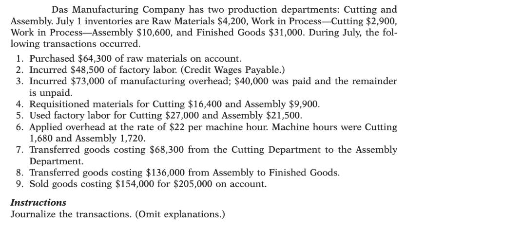 Das Manufacturing Company has two production departments: Cutting and Assembly. July 1 inventories are Raw