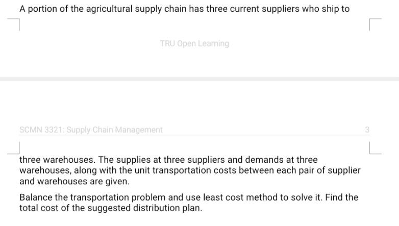 A portion of the agricultural supply chain has three current suppliers who ship to TRU Open Learning SCMN