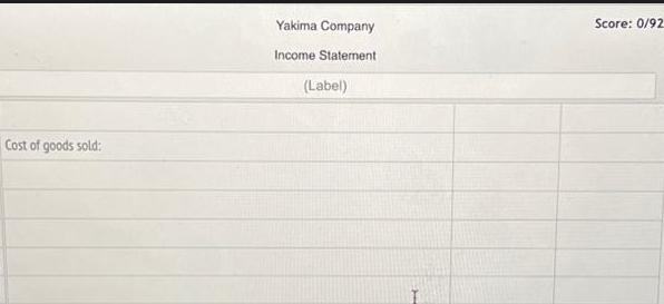 Cost of goods sold: Yakima Company Income Statement. (Label) Score: 0/92