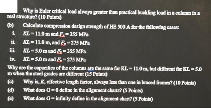 Why is Euler critical load always greater than practical buckling load in a column in a real structure? (10