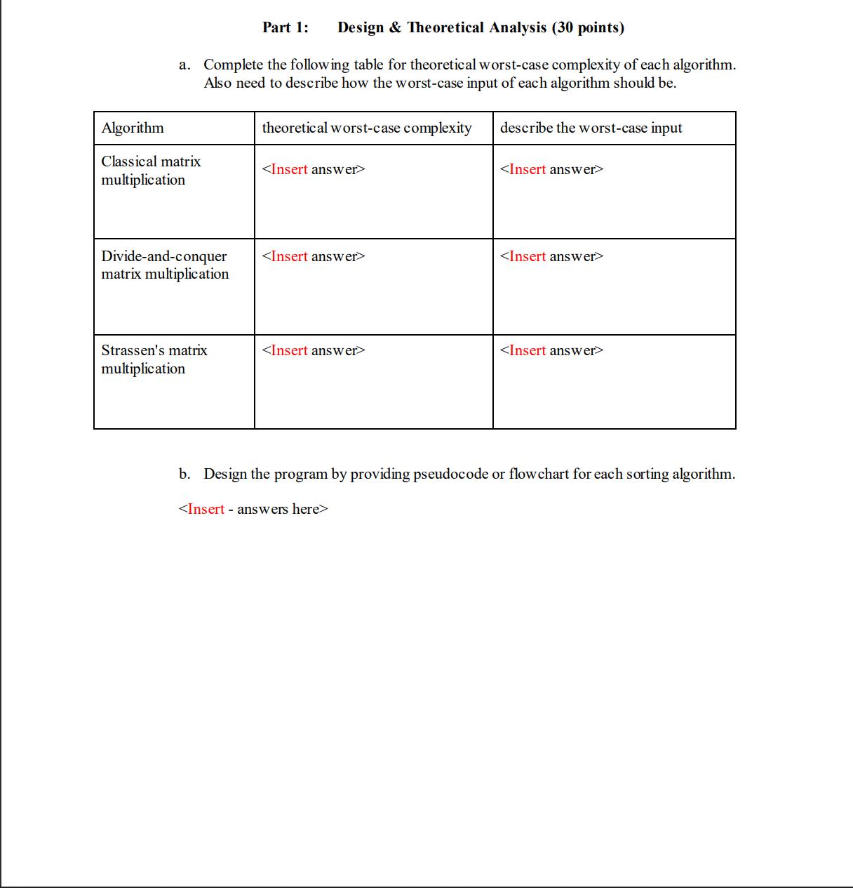 Design & Theoretical Analysis (30 points) a. Complete the following table for theoretical worst-case