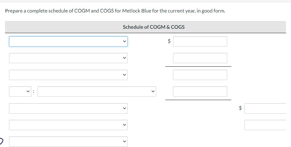 Prepare a complete schedule of COGM and COGS for Metlock Blue for the current year, in good form. .. Schedule