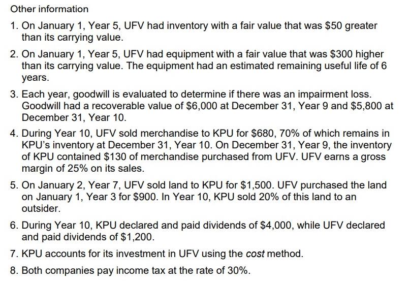 Other information 1. On January 1, Year 5, UFV had inventory with a fair value that was $50 greater than its