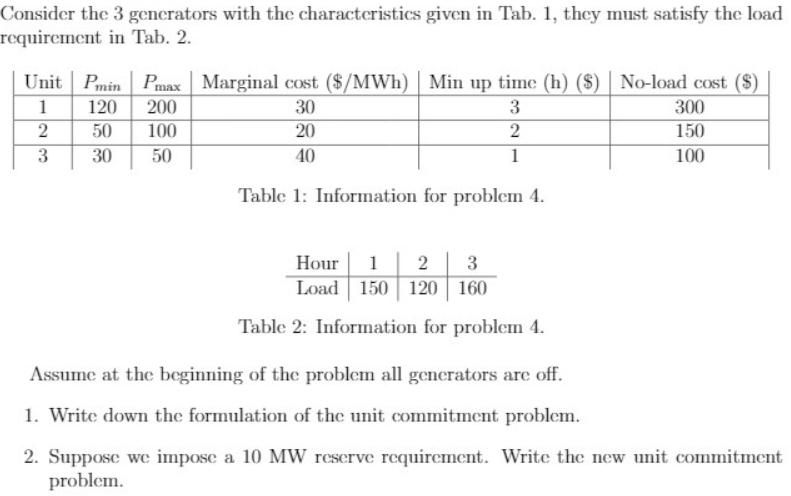 Consider the 3 generators with the characteristics given in Tab. 1, they must satisfy the load requirement in