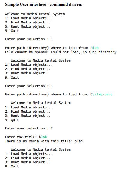 Sample User interface - command driven: Welcome to Media Rental System 1: Load Media objects... 2: Find Media