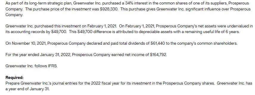 As part of its long-term strategic plan, Greenwater Inc. purchased a 34% interest in the common shares of one