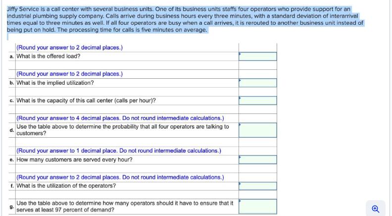 Jiffy Service is a call center with several business units. One of its business units staffs four operators