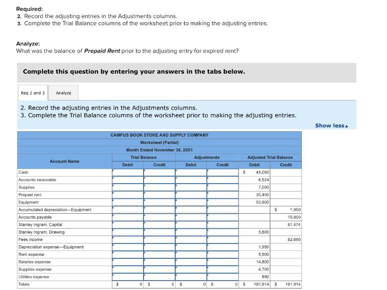 Required: 2. Record the adjusting entries in the Adjustments columns. 3. Complete the Trial Balance columns