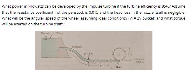 What power in kilowatts can be developed by the impulse turbine if the turbine efficiency is 85%? Assume that
